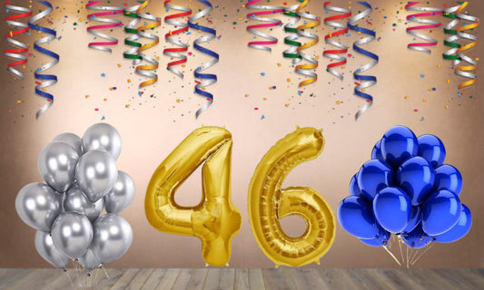 Number 46 Gold Foil Balloon and 25 Nos Blue and Silver Color Latex Balloon Combo