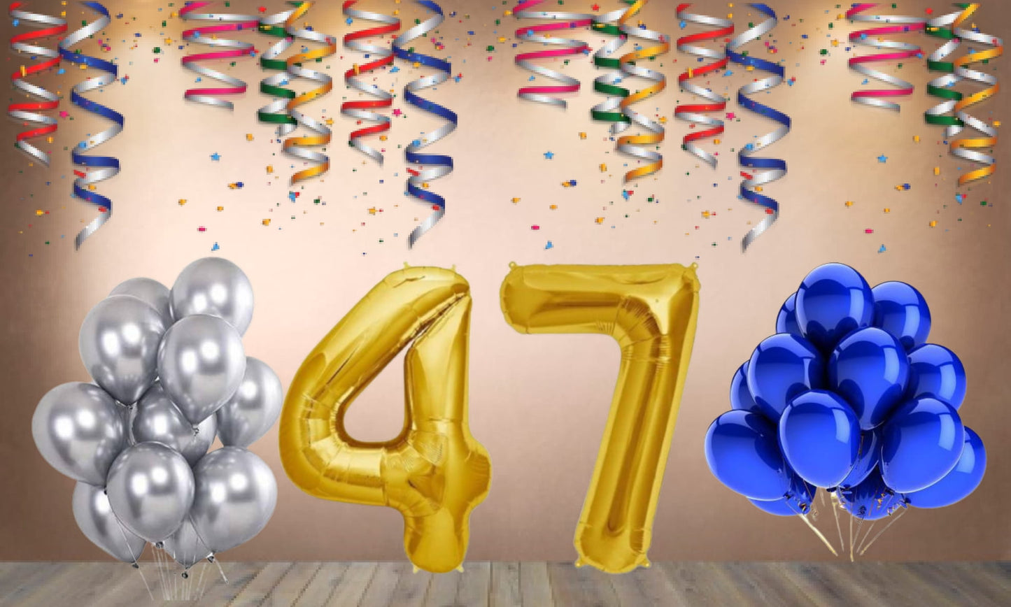Number 47 Gold Foil Balloon and 25 Nos Blue and Silver Color Latex Balloon Combo