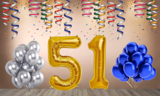 Number 51 Gold Foil Balloon and 25 Nos Blue and Silver Color Latex Balloon Combo