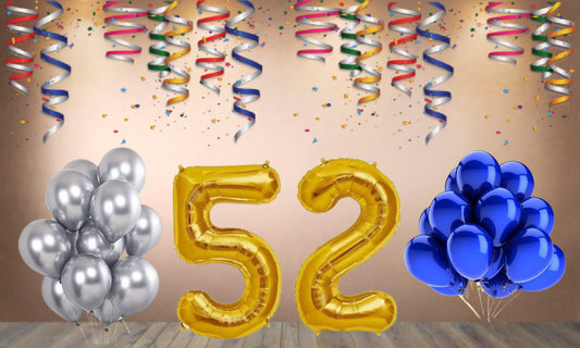 Number 52 Gold Foil Balloon and 25 Nos Blue and Silver Color Latex Balloon Combo