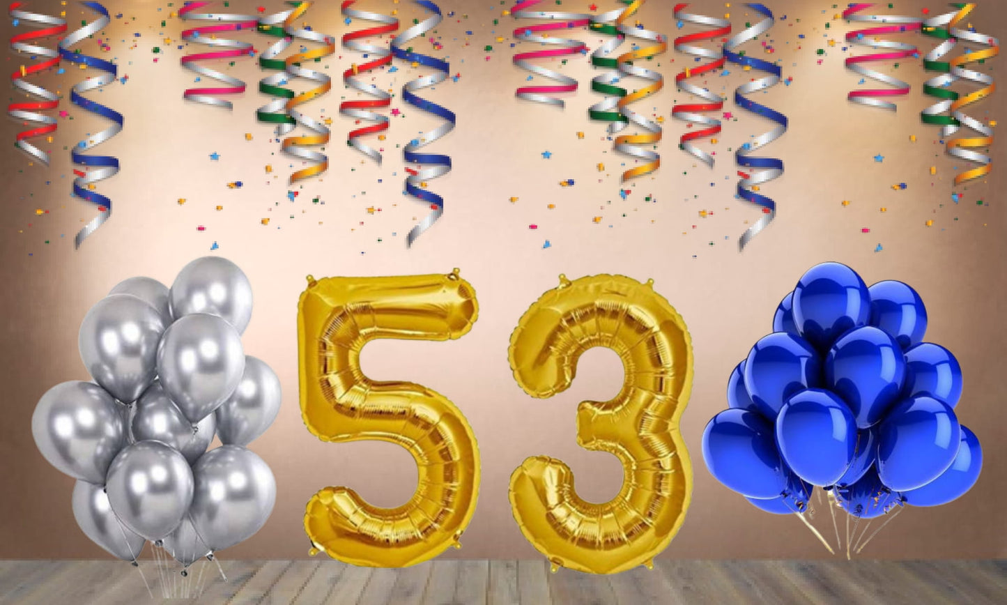 Number 53 Gold Foil Balloon and 25 Nos Blue and Silver Color Latex Balloon Combo