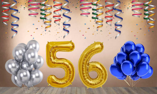 Number 56 Gold Foil Balloon and 25 Nos Blue and Silver Color Latex Balloon Combo