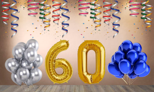 Number 60 Gold Foil Balloon and 25 Nos Blue and Silver Color Latex Balloon Combo