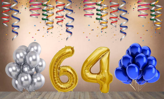 Number 64 Gold Foil Balloon and 25 Nos Blue and Silver Color Latex Balloon Combo