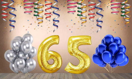 Number 65 Gold Foil Balloon and 25 Nos Blue and Silver Color Latex Balloon Combo