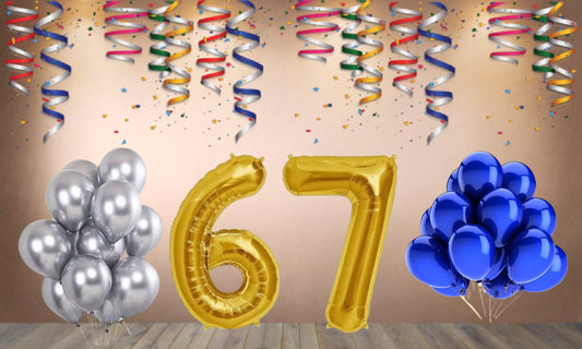 Number 67 Gold Foil Balloon and 25 Nos Blue and Silver Color Latex Balloon Combo