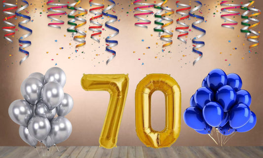 Number 70 Gold Foil Balloon and 25 Nos Blue and Silver Color Latex Balloon Combo