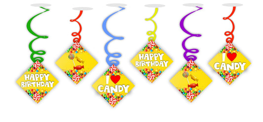 Candy Ceiling Hanging Swirls Decorations Cutout Festive Party Supplies (Pack of 6 swirls and cutout)