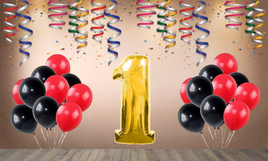 Number 1 Gold Foil Balloon and 25 Nos Black and Red Color Latex Balloon Combo