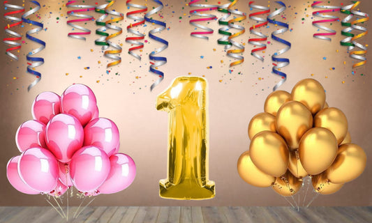 Number 1 Gold Foil Balloon and 25 Nos Pink and Gold Color Latex Balloon Combo