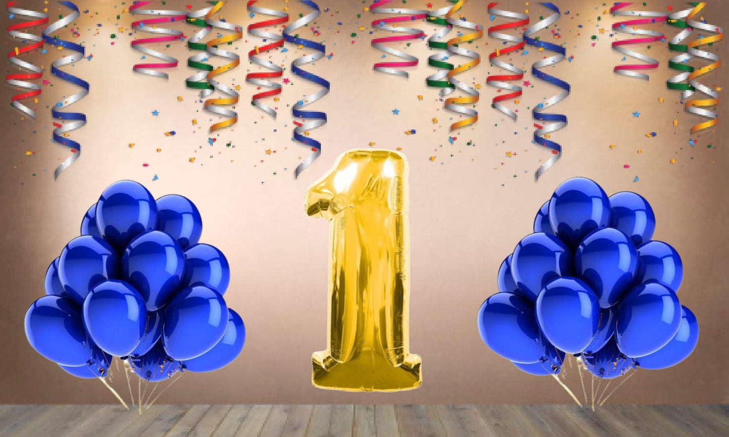 Number 1 Gold Foil Balloon and 25 Nos Blue Color Latex Balloon Combo