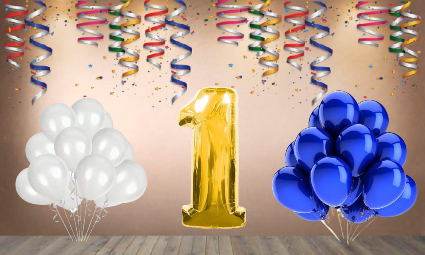 Number 1 Gold Foil Balloon and 25 Nos Blue and White Color Latex Balloon Combo