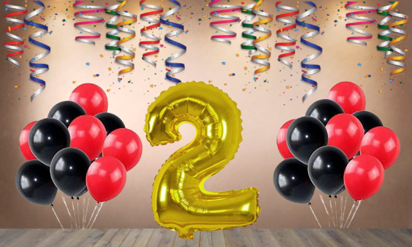 Number 2 Gold Foil Balloon and 25 Nos Black and Red Color Latex Balloon Combo