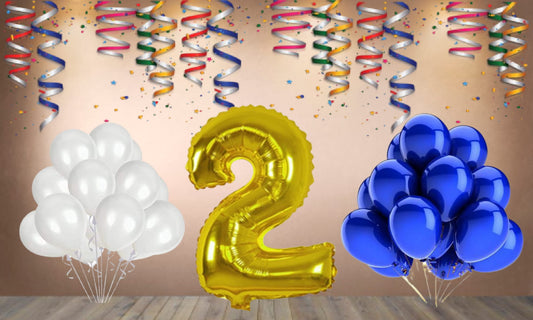 Number 2 Gold Foil Balloon and 25 Nos Blue and White Color Latex Balloon Combo