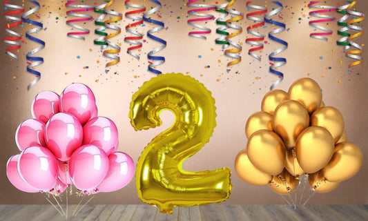 Number 2 Gold Foil Balloon and 25 Nos Pink and Gold Color Latex Balloon Combo
