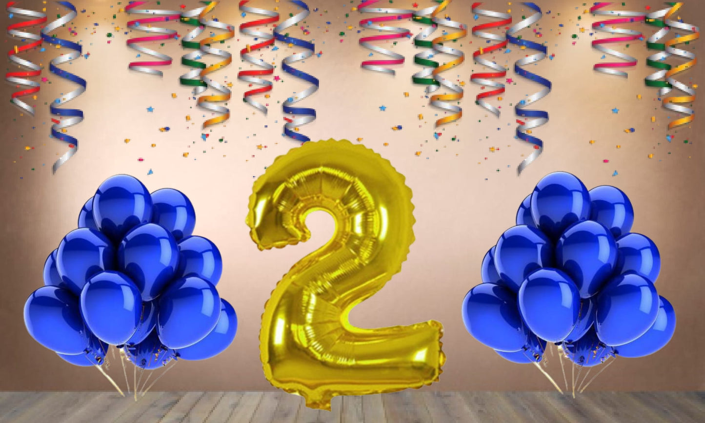 Number 2 Gold Foil Balloon and 25 Nos Blue Color Latex Balloon Combo