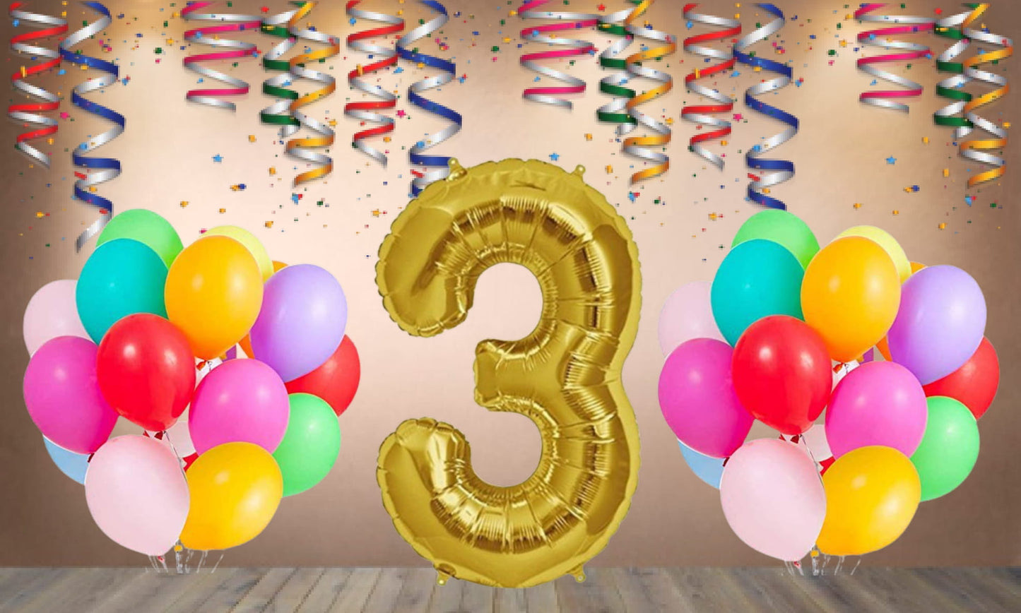 Number  3 Gold Foil Balloon and 25 Nos Multicolor Color Latex Balloon Combo
