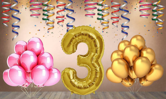 Number 3 Gold Foil Balloon and 25 Nos Pink and Gold Color Latex Balloon Combo