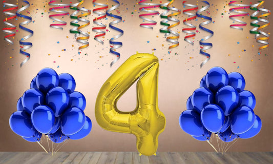 Number 4 Gold Foil Balloon and 25 Nos Blue Color Latex Balloon Combo