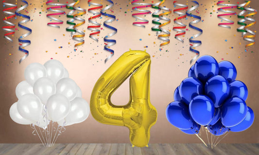 Number  4 Gold Foil Balloon and 25 Nos Blue and White Color Latex Balloon Combo