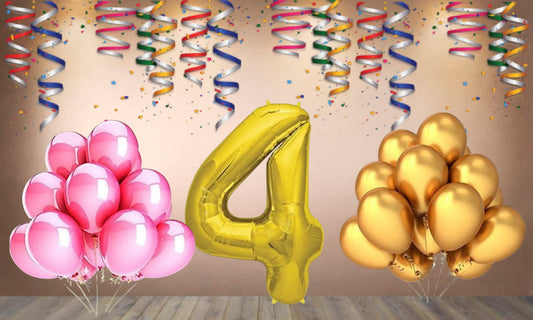 Number 4 Gold Foil Balloon and 25 Nos Pink and Gold Color Latex Balloon Combo