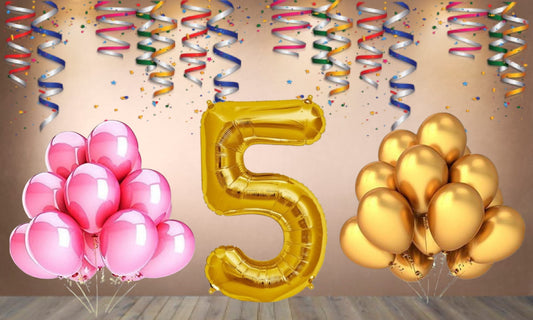 Number 5 Gold Foil Balloon and 25 Nos Pink and Gold Color Latex Balloon Combo