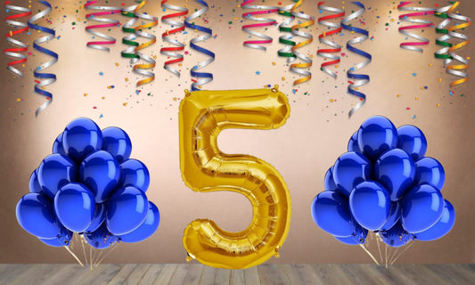 Number 5 Gold Foil Balloon and 25 Nos Blue Color Latex Balloon Combo