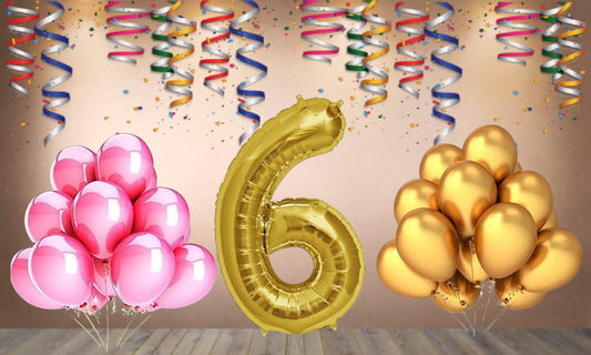 Number 6 Gold Foil Balloon and 25 Nos Pink and Gold Color Latex Balloon Combo
