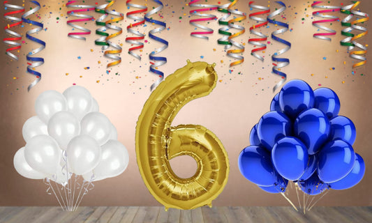 Number  6 Gold Foil Balloon and 25 Nos Blue and White Color Latex Balloon Combo