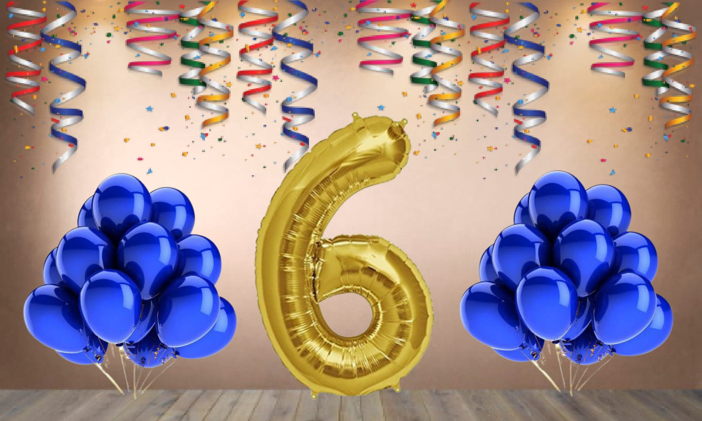 Number 6 Gold Foil Balloon and 25 Nos Blue Color Latex Balloon Combo