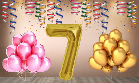 Number 7 Gold Foil Balloon and 25 Nos Pink and Gold Color Latex Balloon Combo