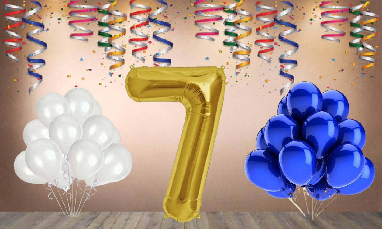 Number 7  Gold Foil Balloon and 25 Nos Blue and White Color Latex Balloon Combo