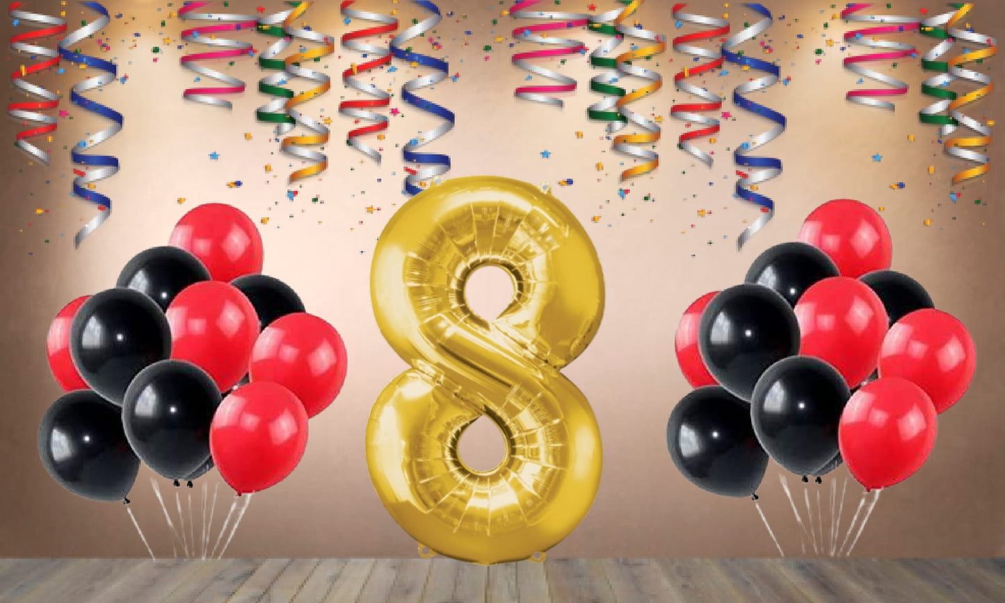 Number  8 Gold Foil Balloon and 25 Nos Black and Red Color Latex Balloon Combo