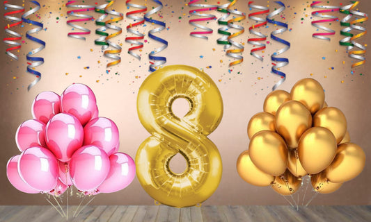 Number 8 Gold Foil Balloon and 25 Nos Pink and Gold Color Latex Balloon Combo