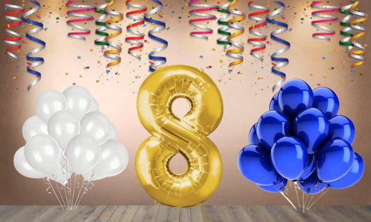 Number  8 Gold Foil Balloon and 25 Nos Blue and White Color Latex Balloon Combo
