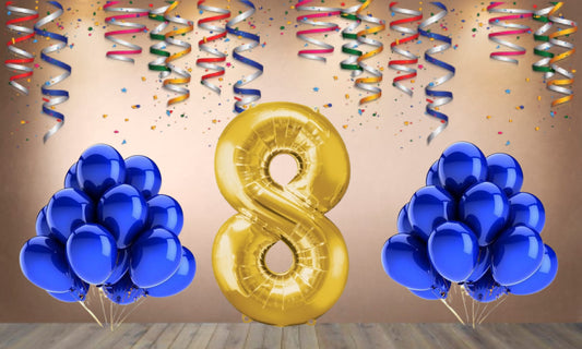 Number 8 Gold Foil Balloon and 25 Nos Blue Color Latex Balloon Combo