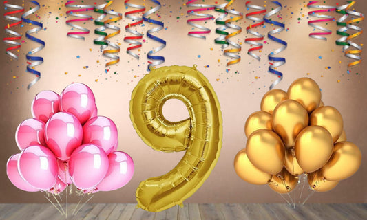 Number  9 Gold Foil Balloon and 25 Nos Pink and Gold Color Latex Balloon Combo