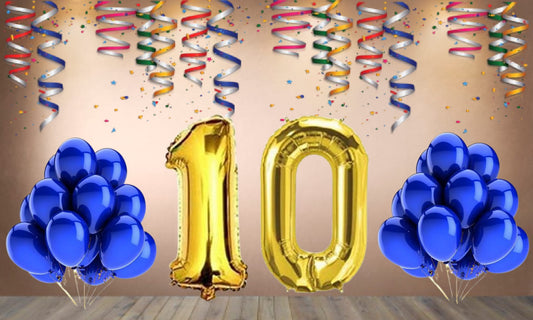 Number 10  Gold Foil Balloon and 25 Nos Blue Color Latex Balloon Combo