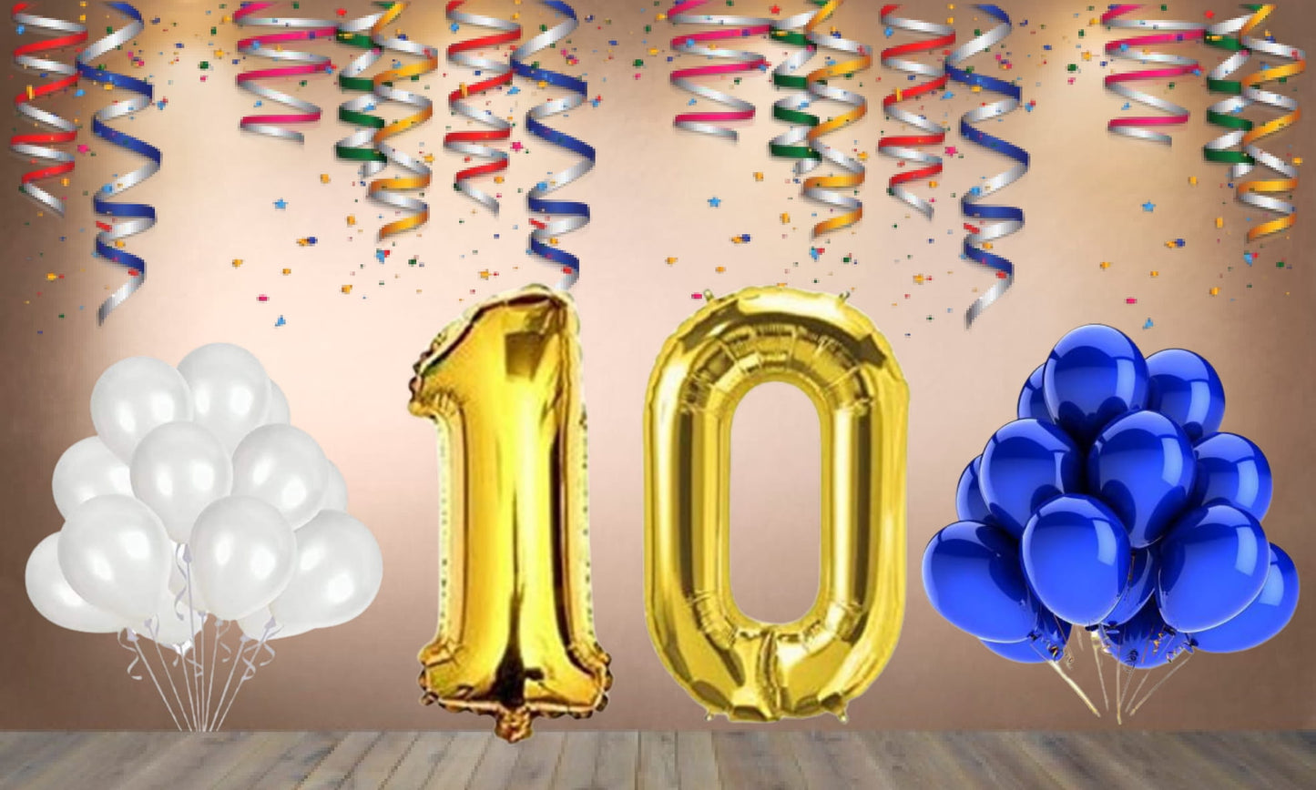 Number  10 Gold Foil Balloon and 25 Nos Blue and White Color Latex Balloon Combo