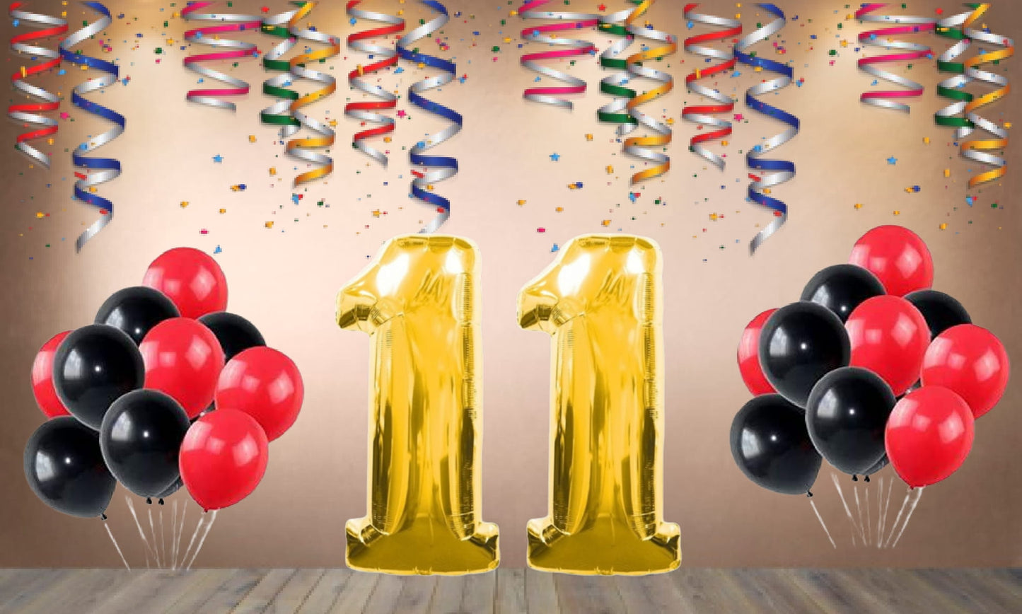 Number 11  Gold Foil Balloon and 25 Nos Black and Red Color Latex Balloon Combo