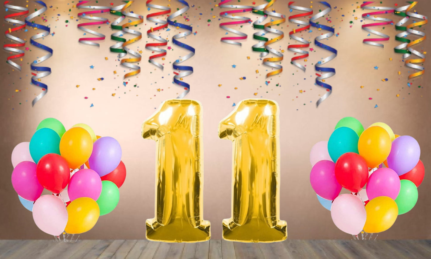 Number  11 Gold Foil Balloon and 25 Nos Multicolor Color Latex Balloon Combo