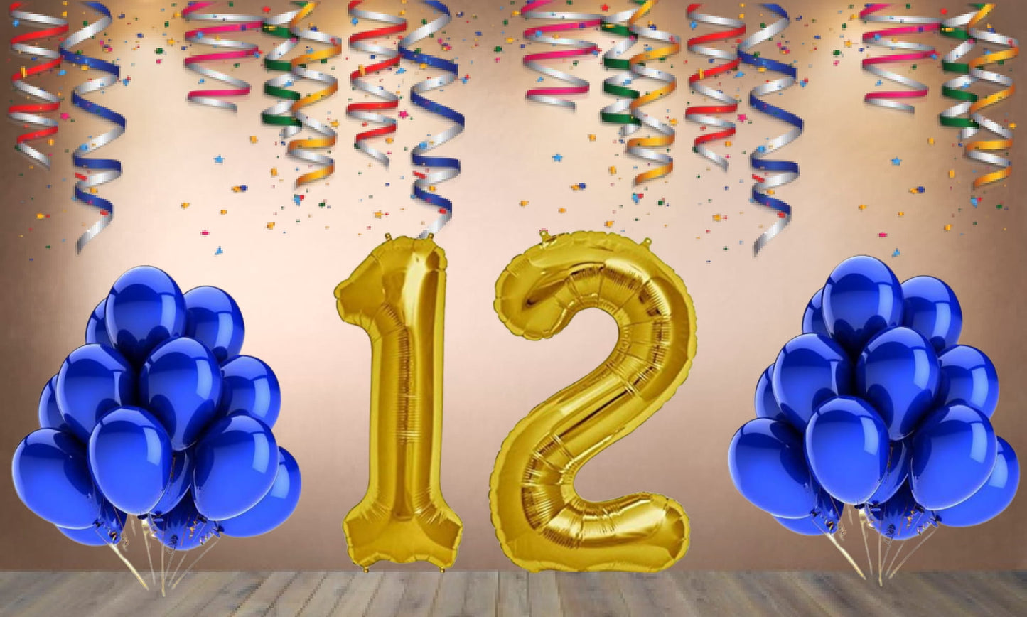 Number  12 Gold Foil Balloon and 25 Nos Blue Color Latex Balloon Combo