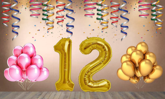 Number 12 Gold Foil Balloon and 25 Nos Pink and Gold Color Latex Balloon Combo