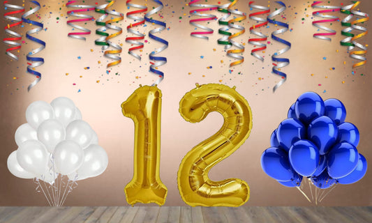Number  12 Gold Foil Balloon and 25 Nos Blue and White Color Latex Balloon Combo