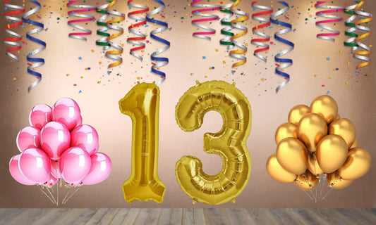 Number 13 Gold Foil Balloon and 25 Nos Pink and Gold Color Latex Balloon Combo