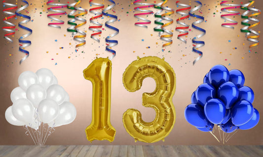 Number  13 Gold Foil Balloon and 25 Nos Blue and White Color Latex Balloon Combo