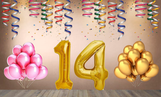 Number 14 Gold Foil Balloon and 25 Nos Pink and Gold Color Latex Balloon Combo