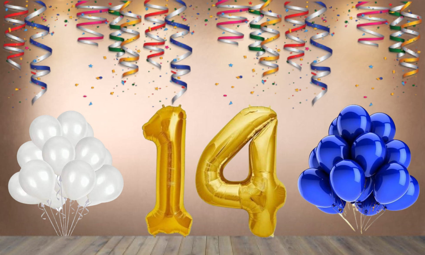 Number  14 Gold Foil Balloon and 25 Nos Blue and White Color Latex Balloon Combo