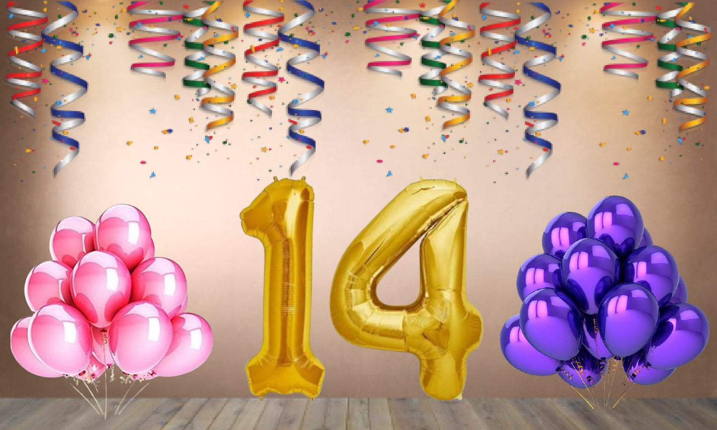 Number 14 Gold Foil Balloon and 25 Nos Pink and Purple Color Latex Balloon Combo
