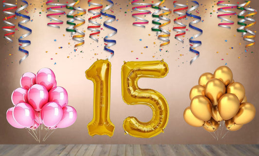 Number 15 Gold Foil Balloon and 25 Nos Pink and Gold Color Latex Balloon Combo
